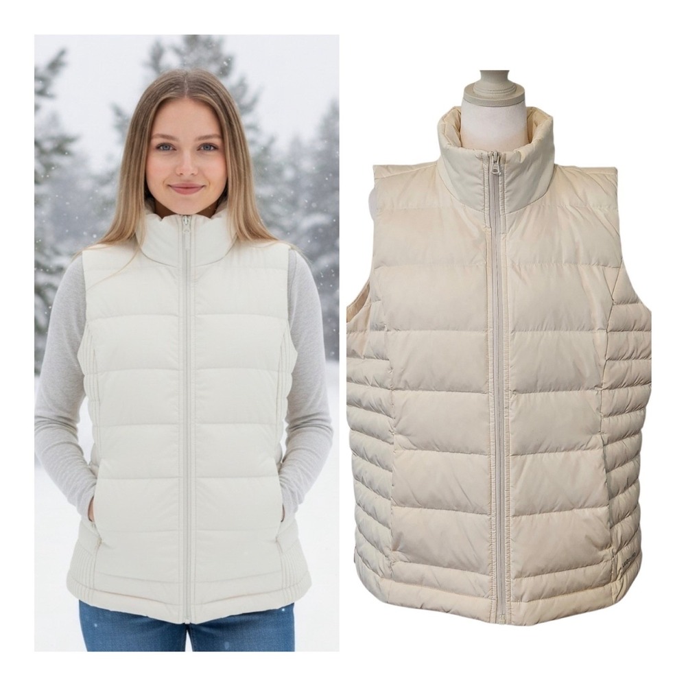 Lands' End White Insulated Puffer Vest Full Zip Snap Pockets Outdoors Size L